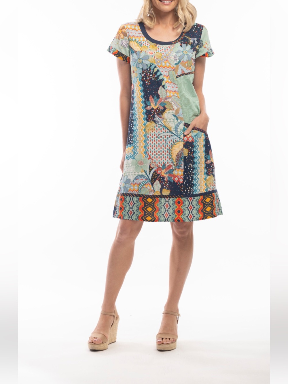 ORIENTIQUE Lisbon Patchwork Dress Shift Large Linen Cottagecore Boho Artsy